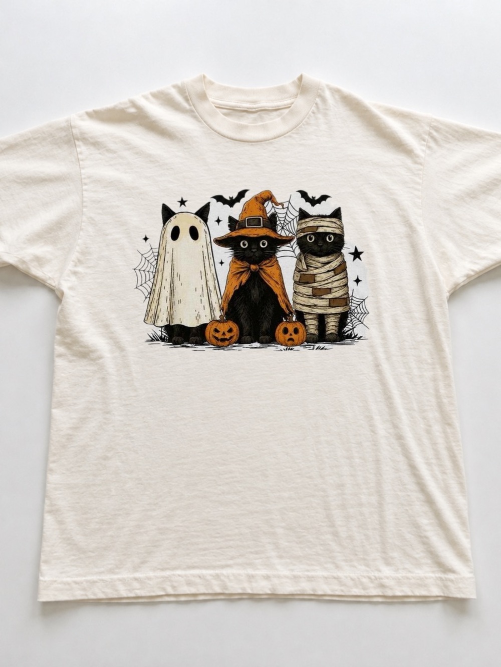 Off White Tee with Black & Orange Halloween Cat Trio